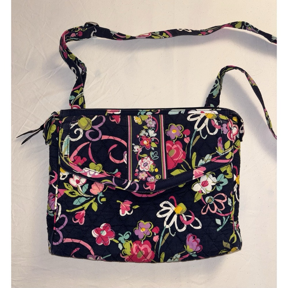 Vera Bradley Mandy Ribbons Retired Print Shoulder Bag Navy Pink Floral Pockets